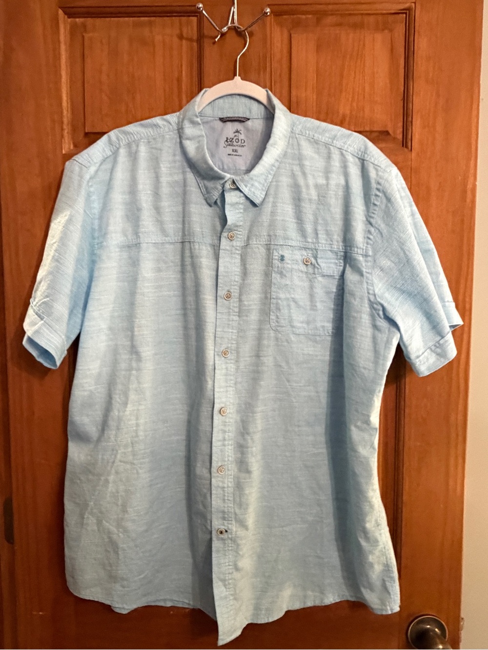 IZOD Saltwater Mens Shirt Blue/ White Fine Stripe Short Sleeve Cotton Size XXL